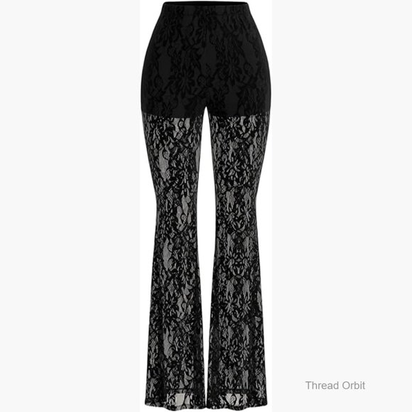 Women's Lace Flare Pants High Waisted Mesh Bell Bottom Trousers Leggings